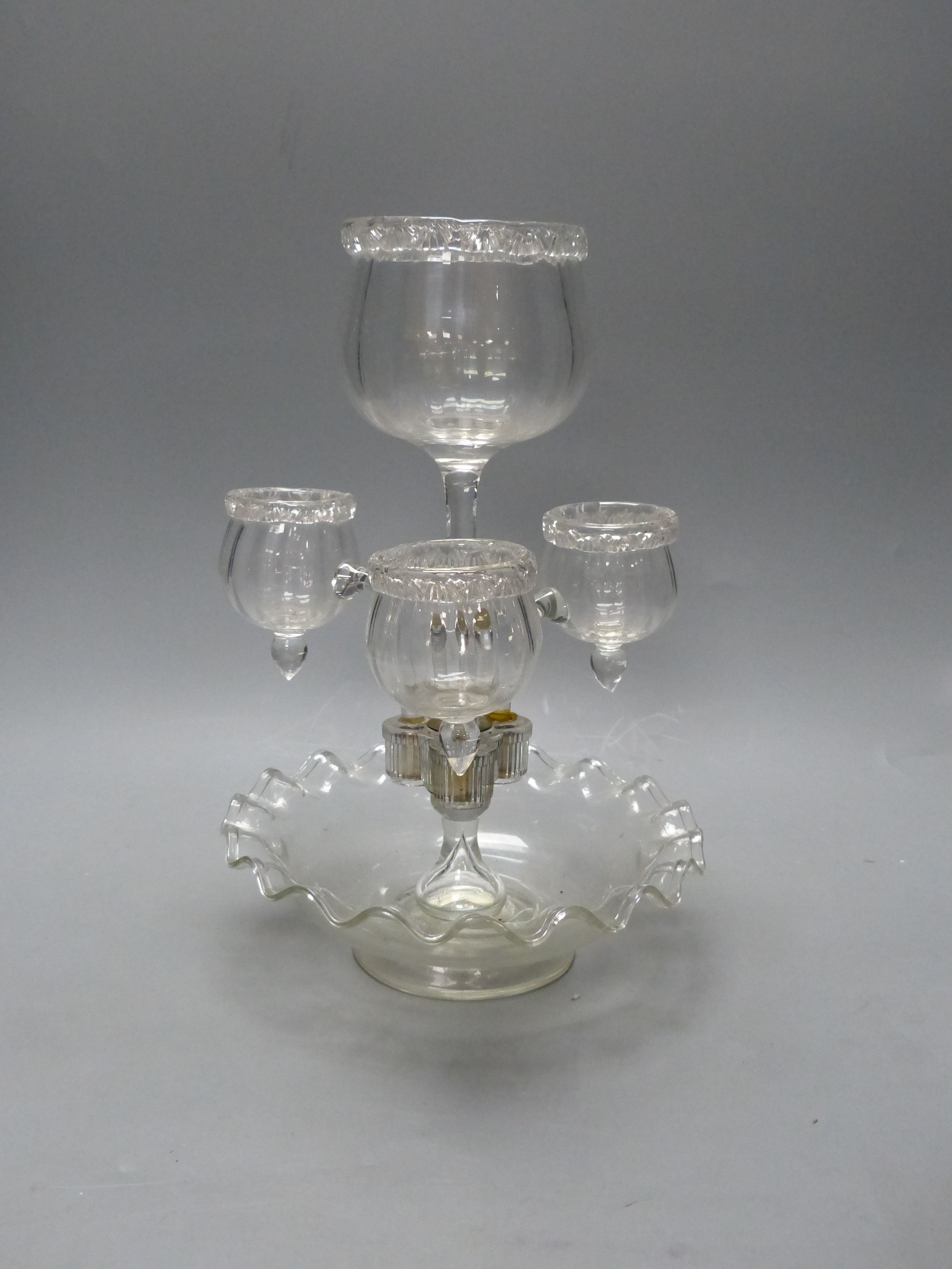 A three branch four section glass epergne, height 35cm